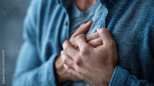 Close-up of a man clutching his chest with both hands in pain, commercial medical concept of heart attack, chest pain, acute illness or emotional distress.