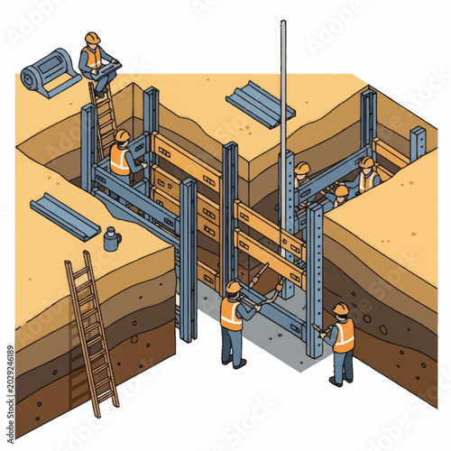 Bild auf Leinwand Construction workers installing trench box safety system for excavation safety