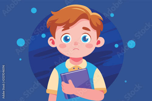 Sad young boy holding a book, vector illustration