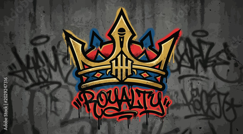 Foto Graffiti style logo featuring a golden crown with a microphone icon, set against