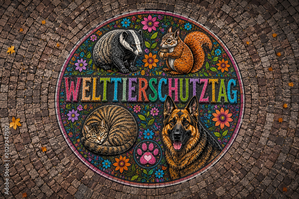 Obraz premium Celebrating World Animal Day with Adorable Critters and Floral Decorations in a Festive Circular Design