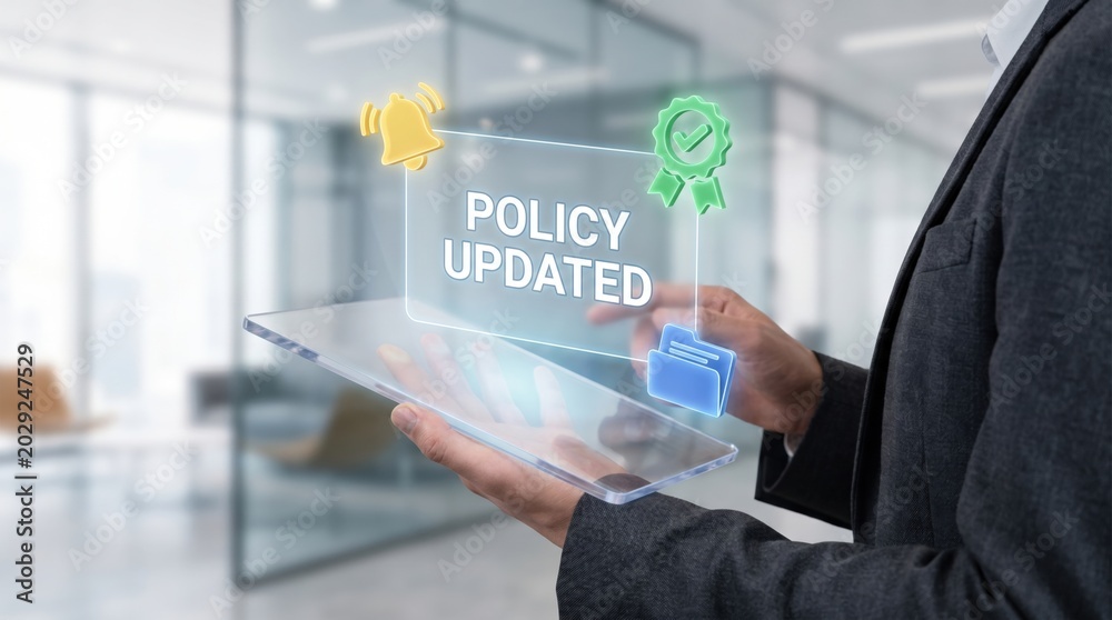 Obraz premium Corporate Compliance and Policy Update Concept: Professional Holding Transparent Tablet with Holographic Notification and Document Icons