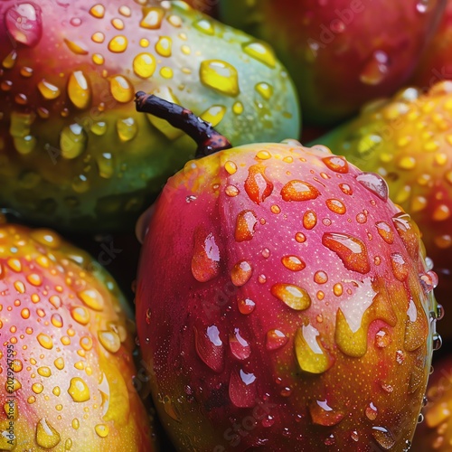 Fresh mangoes with water droplets glistening.