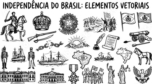 Foto Brazilian Independence Day: Hand-Drawn Black  White Line Art Vector Elements Set
