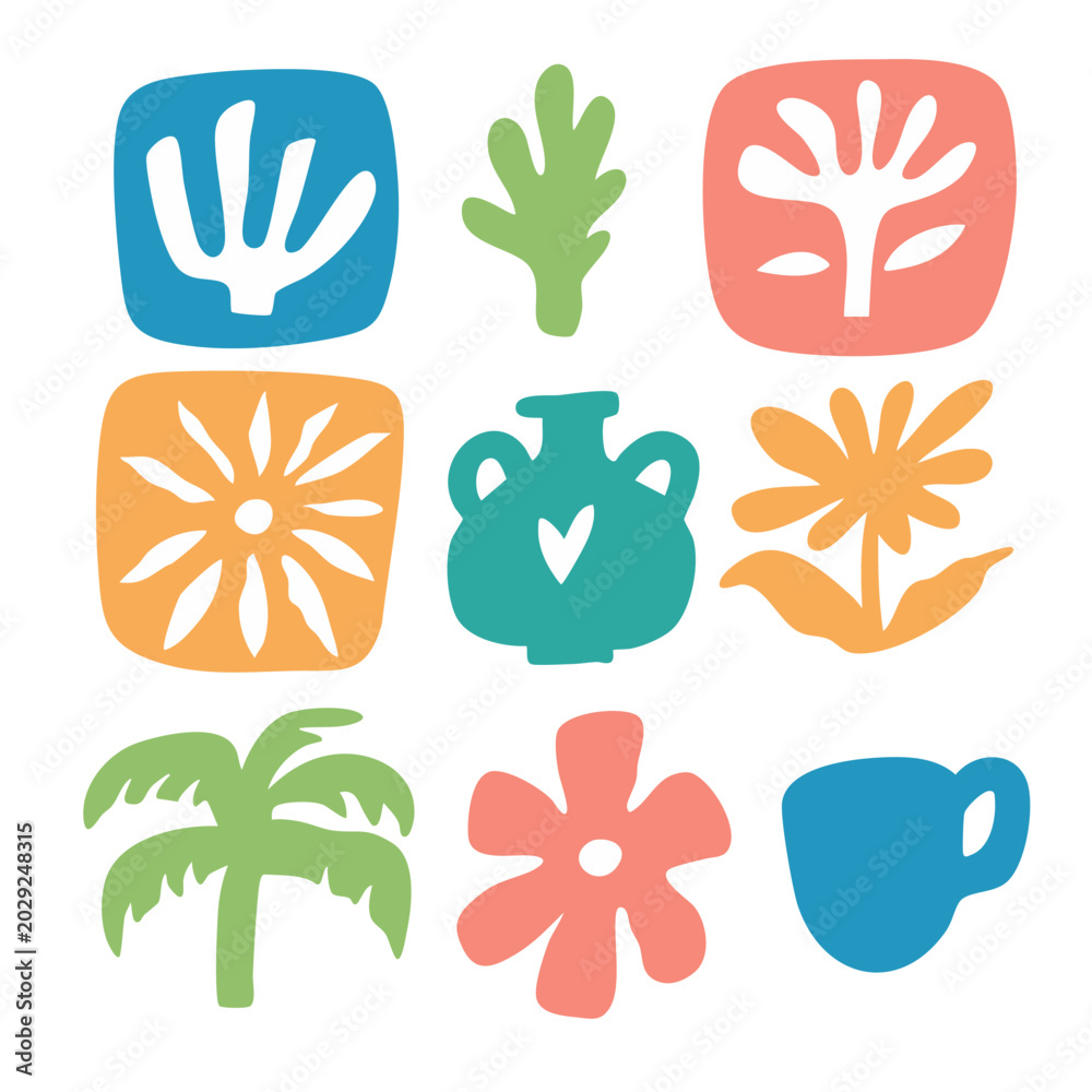 Fototapeta premium Colorful floral and botanical icons set with vase palm cup and flowers