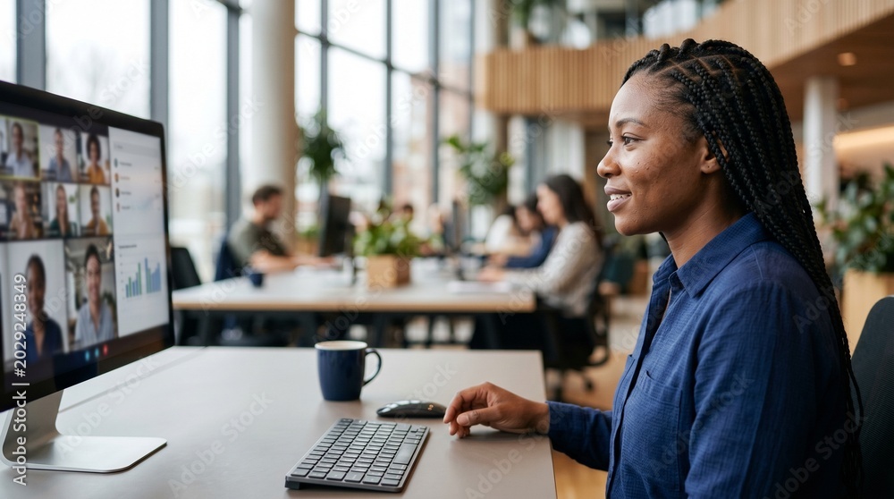 Fototapeta premium Black businesswoman on a video call with diverse team in modern office.