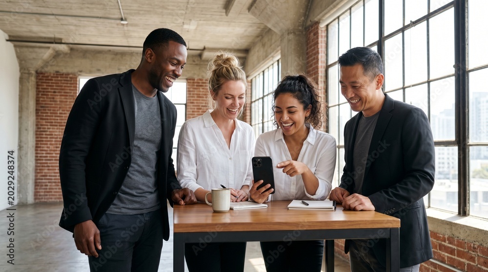 Fototapeta premium Diverse business team laughing while looking at a smartphone in a modern loft office.
