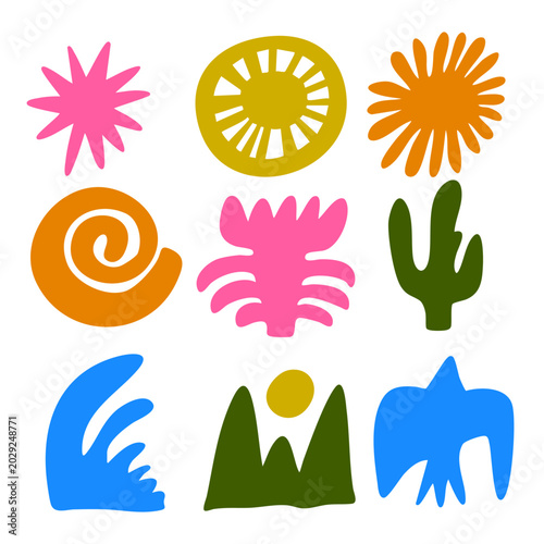 Colorful abstract nature symbols set with cactus sun mountains