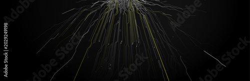 Dark black circuit board with yellow green glowing pathway radiating downward from top center on pure black background for dramatic tech and AI concept