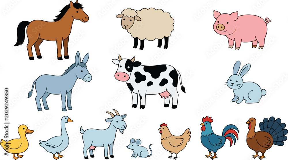 Obraz premium Cute Farm Animal Vector Collection with Horse, Sheep, Pig, Cow, Rabbit, Goat, Duck, Goose, Rooster, Turkey, and Mouse