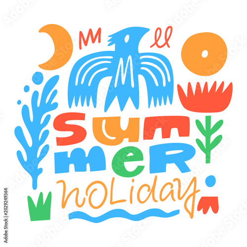 Summer Holiday colorful hand lettering with abstract tropical shapes