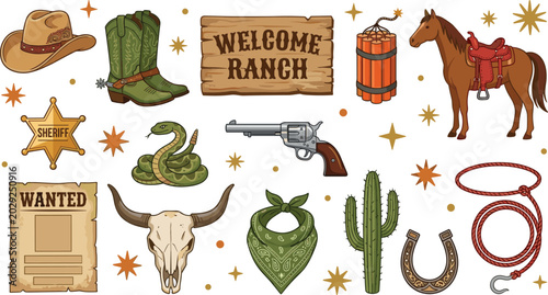 Tableau sur toile Wild West Cowboy Vector Collection with Ranch Sign, Revolver, Horse, Sheriff Bad