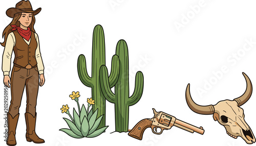 Foto Wild West Cowboy Woman Vector Collection with Desert Cactus, Revolver Gun, Bull
