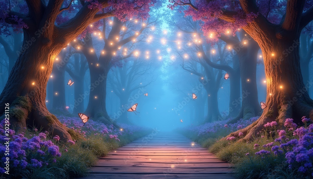 Obraz premium Enchanted forest path with glowing fairy lights. Purple flowers and butterflies surround large trees. A wooden walkway leads into a magical, dreamy blue haze.