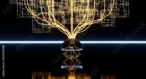 Intricate glowing digital network branching from a central sphere, symbolizing complex data systems and artificial intelligence