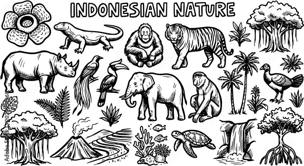 Fototapeta premium Indonesian Nature and Wildlife: Hand-drawn Black and White Line Art of Endemic Animals, Plants, and Landscapes - Tiger, Rhino, Orangutan, Komodo, Rafflesia.