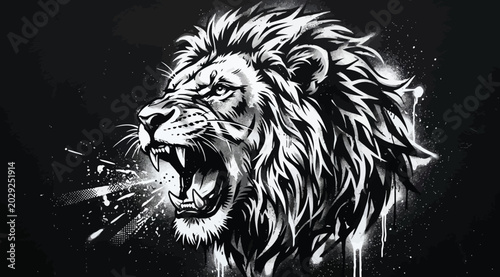 Bild auf Leinwand Aggressive roaring lion head illustration, detailed black and white street art s