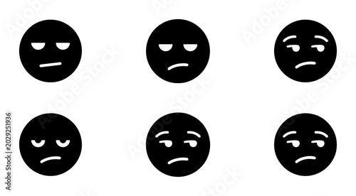 Schilderij op canvas Six Black Silhouette Emoticon Faces, Vector Icons Expressing Boredom, Skepticism