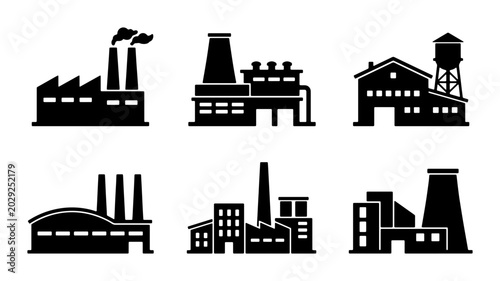 Fotografía Industrial Factory Icons, Manufacturing Plant Silhouettes, Production Building S