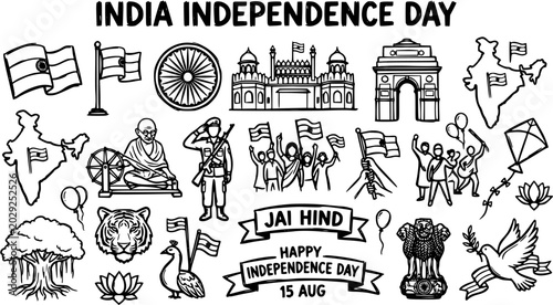 Quadro su tela India Independence Day Patriotic Symbols Icon Set
