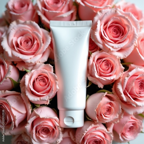 White cosmetic tube surrounded by many pink roses. Product container for skin care cream or gel. Natural beauty product presentation with floral elements. Blank package for branding.