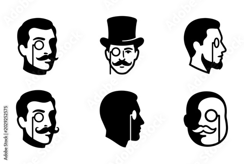 Fotografie Gentleman Icons Set, Vintage Monocle Faces Collection, Retro Aristocrat Silhouet