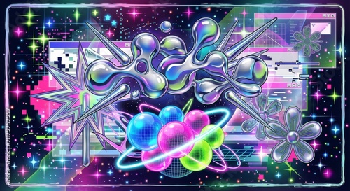 A Vibrant Abstract Space Composition Featuring Colorful Spheres, Geometric Shapes, and Shimmering Textures Against a Dark Starry Background