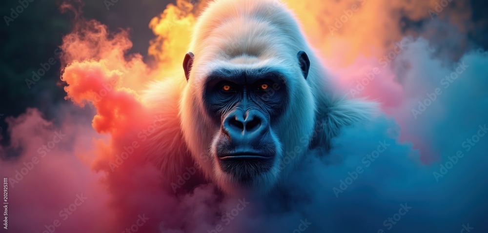 Obraz premium Close-up portrait of a majestic white gorilla emerges from colorful smoke clouds at sunset. Its piercing orange eyes stare forward with intense gaze, conveying raw power and mystery.