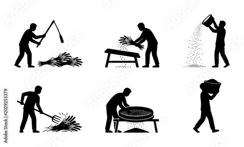 Foto Agricultural Harvest Icons: Silhouettes of Farmers Processing Grain, Threshing,