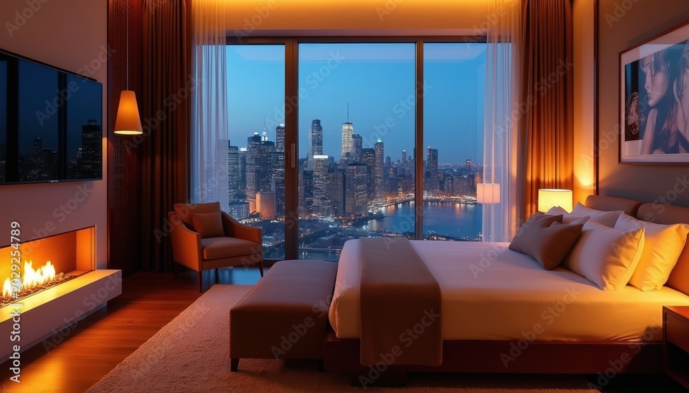 Fototapeta premium Elegant bedroom with city view at night. Cozy room features fireplace, large window overlooking illuminated skyline, and plush furnishings. Modern comfort and urban luxury define this serene space.