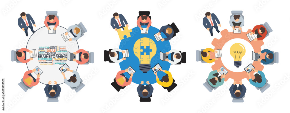 Fototapeta premium Top View Business Brainstorming Meeting. Collaborating on ideas. Brainstorming Around Gear Table.
