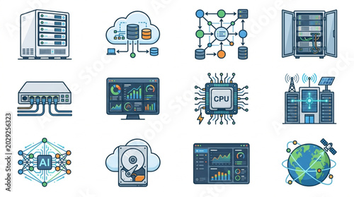 Collection of Technology and Computer Icons Representing Data and Networks.