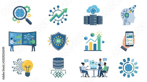 Collection of technology and data analysis icons.