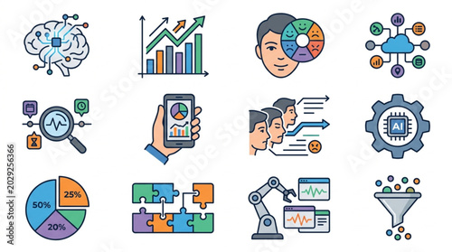 Collection of Technology and Data Analysis Icons.