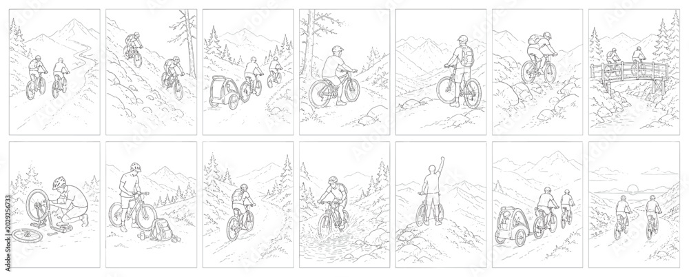 Obraz premium Mountain bikers enjoying scenic trails and challenging terrains in a series of illustrations