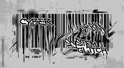 Slika na platnu Cyberpunk glitch art design with barcode and stylized graffiti text