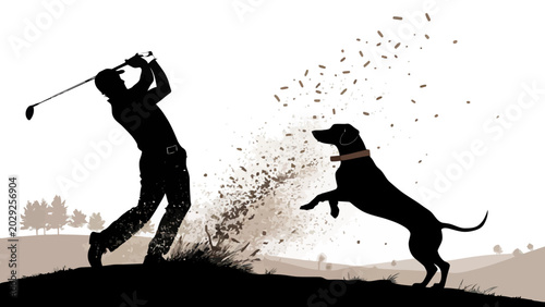 Silhouette of a golfer swinging a club with a dog jumping nearby on a golf course