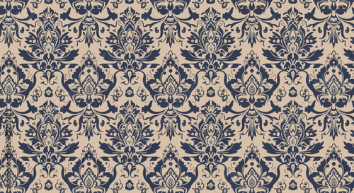 Decorative baroque damask pattern with intricate floral and balanced symmetry