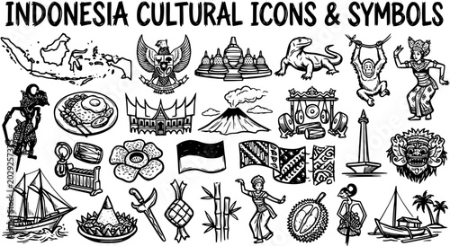 Photos Hand-Drawn Line Art Doodle Collection of Indonesia's Cultural Icons and National Symbols