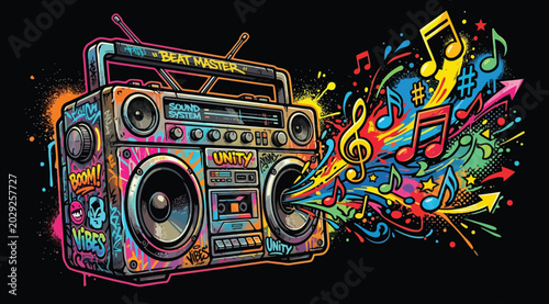 Cuadro en lienzo Colorful graffiti style boombox with musical notes and vibrant paint splashes