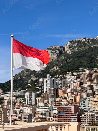 National flag of Monaco waving on a flagpole in Monte Carlo with trees and buildings in background