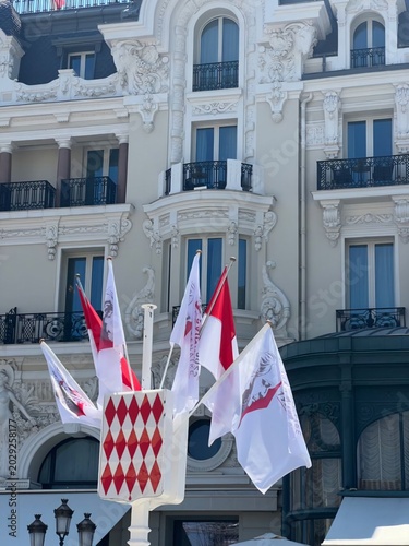 National flag of Monaco waving on a flagpole in Monte Carlo with trees and buildings in background