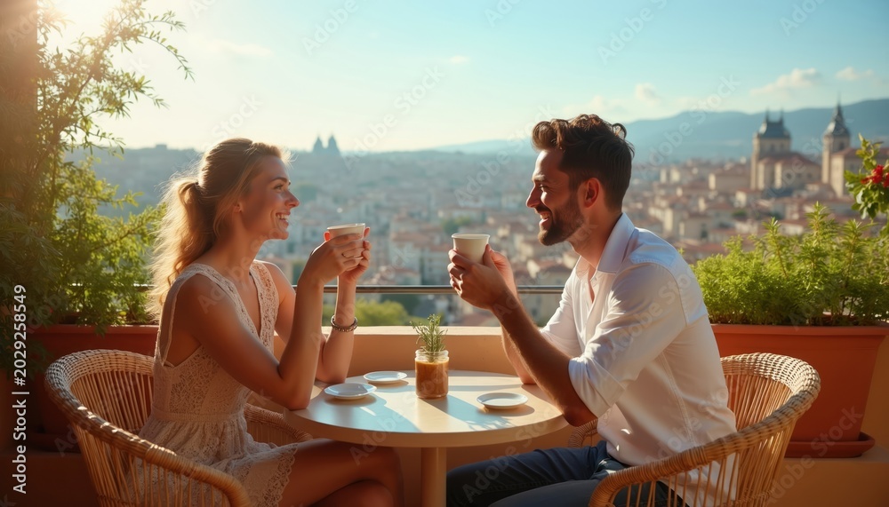 Fototapeta premium Couple on balcony with coffee, city view. They smile, talk, enjoy warm morning light. Woman wears lace dress, man white shirt. Green plants add freshness.