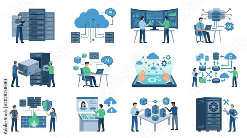 Data center and cloud computing technology illustrations.
