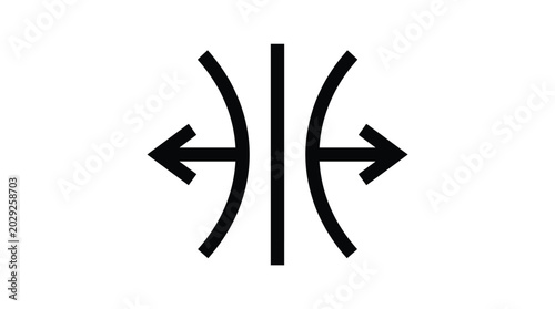 Minimalist black graphic symbol featuring a central vertical line flanked by two curved arrow shapes pointing outward representing expansion or separation in this clean digital image