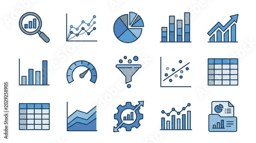 Collection of various data analysis and chart icons.