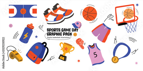Sports Game Day Illustration Pack with Basketball Elements and Athletic Accessories