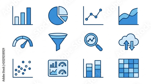 Collection of various data visualization and analysis icons.
