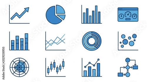 Collection of various financial and business charts and graphs icons.