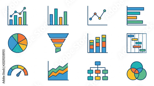 Collection of various data visualization charts and graphs icons.